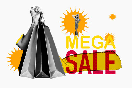 Banner zine sketch artwork collage of human hand hold bags happy girl stand percentage discount promo black fridayの写真素材