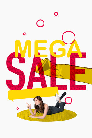 Trendy banner 3d poster image photo collage of happy girl lay percentage bubble speech client cheap price consumerism conceptの写真素材