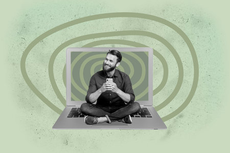 Trendy art creative full zine photo collage of happy girl guy stand laptop deviceの写真素材