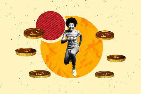 Full 3d artwork pop trend collage of happy businesswoman run dollar coin achievement capital currency miner jackpot salaryの写真素材