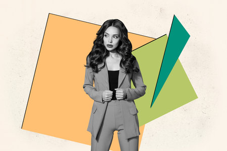 Collage of happy young woman graphic montage black and white pattern over geometric backgroundの写真素材