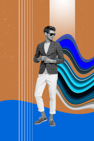 Poster pop collage of person stand posing with moving color waves on brown backgroundの写真素材