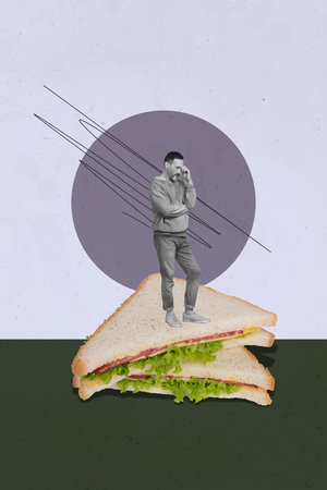 Creative vertical image photo art collage of happy girl guy stand bread sandwich cooking cafe order lettuce sausage cheese ingredientの写真素材