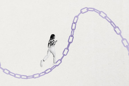 Banner 3d art pop image collage of happy businesswoman businessman stand rope chain development aim achievement progressの写真素材