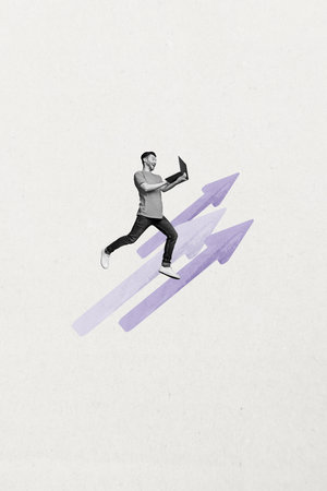 Vertical 3d art pop image collage of happy businesswoman businessman climb carrer ladder arrow progress statistics goal progressの写真素材