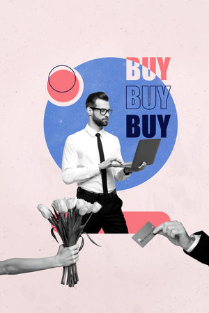 Poster pop collage of person use netbook stand on pink background with credit card headphonesの写真素材