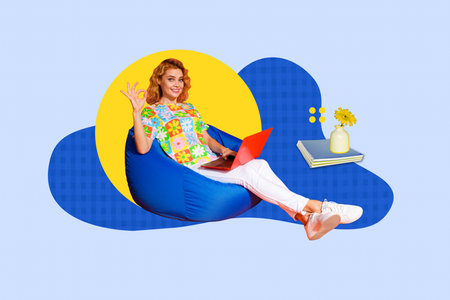 Zine banner full photo collage of happy businesswoman businessman sit chair beanbag office relax notepad flower pot indoorの写真素材