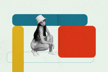 Composite image montage trend artwork 3D collage of workspace young lady style wear hat eyewear sit cube figure obstacle overcomeの写真素材