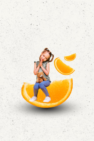 Vertical poster collage young small girl kid begging palms gesture ask pray orange slice tropical fruit teddy bear toy vitaminsの写真素材