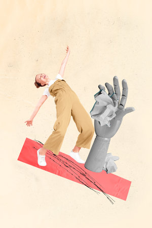 Sketch vertical photo collage of human hand control girl manipulation concept crumpled paper trap control marionetteの写真素材