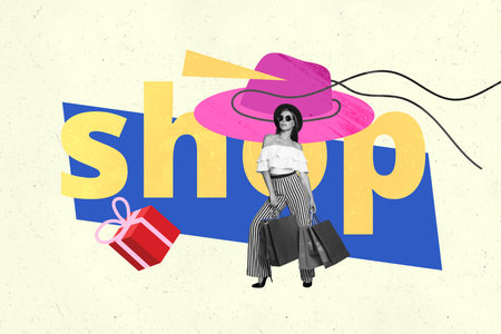 Creative photo collage image young stylish woman shopaholic store gift present black friday special offer deal drawing backgroundの写真素材