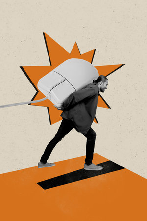 Vertical photo collage of unhappy man carry big mouse cursor tool portable desktop device wire isolated on painted backgroundの写真素材