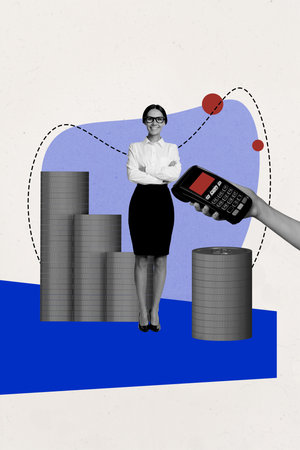 Vertical collage young businesswoman coins stack finance earnings payment pos terminal digital...