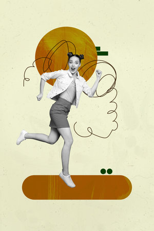 Banner poster collage of person running with messy lines on yellow backgroundの写真素材