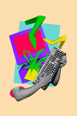 Composite trend artwork 3D sketch image photo collage of young anonymous hand hold keyboard high...