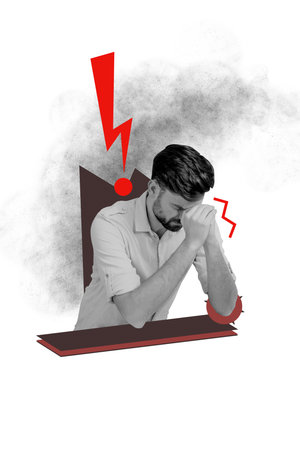 Vertical photo collage of puzzled man in depression mood with psychotherapy problem, burnout trouble...