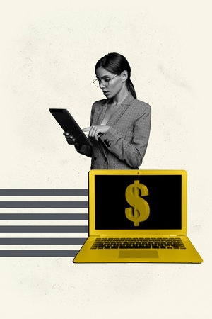 Art image vertical pop photo collage of happy businesswoman businessman stand laptop device dollar currency income freelanceの写真素材