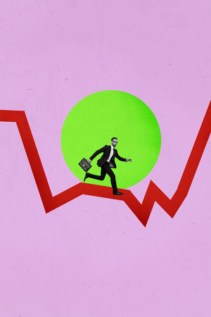 Vertical photo collage of serious businessman run graph development success growth progress chance isolated on painted backgroundの写真素材