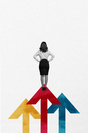 Trend artwork composite banner 3D photo collage of arrow trader businesswoman young lady stand formalwear new beginning startup targetの写真素材
