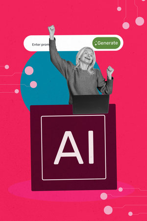 Vertical photo collage of happy elderly woman hold laptop generate prompt webpage artificial intelligence isolated on painted backgroundの写真素材