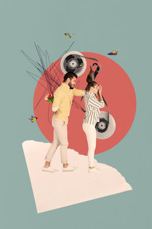 Vertical photo collage of two happy girl guy valentine day bouquet tulips greeting march holiday insect plan isolated on painted backgroundの写真素材