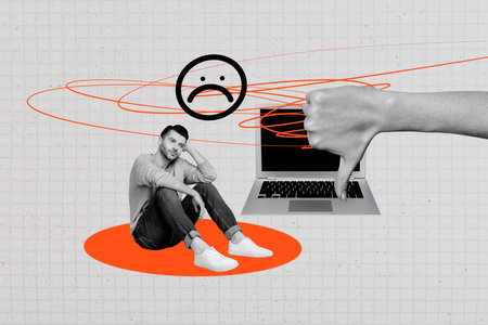 Composite photo collage of upset man hand show dislike laptop device isolated on painted backgroundの写真素材