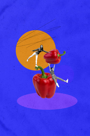 Vertical photo collage of two happy girls choose big bulgarian red sweet pepper diet healthy nutrition isolated on painted backgroundの写真素材