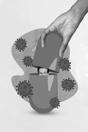 Artwork image collage of funny young guy hiding virus bacteria sitting inside huge pill isolated on...