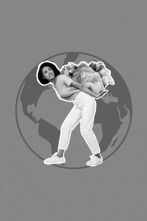 Magazine picture sketch collage image of lady cleaning huge rubbish pile isolated painting backgroundの写真素材