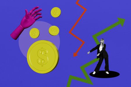 Composite trend artwork 3D sketch image collage of trader arrow up earnings money coins credit income young lady dance win arrow directionの写真素材