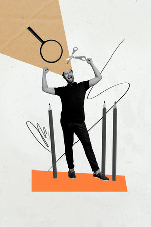 Vertical photo collage of excited man cut head enlightenment beam enlarger brainstorm plan isolated on painted backgroundの写真素材