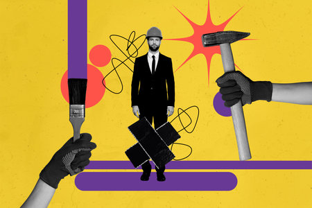 Photo collage artwork minimal picture of busy guy enjoying building process isolated creative backgroundの写真素材