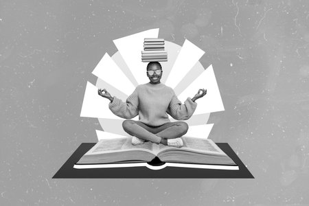 Composite collage image of little girl sit big opened book meditate concentrate isolated on painted backgroundの写真素材