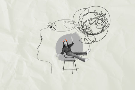 Composite photo collage of happy old woman sit stool wear horns headband halloween celebration isolated on painted backgroundの写真素材