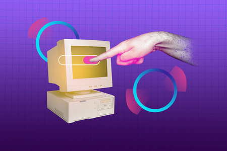 Trend artwork collage template composite sketch of cyberspace computer monitor obsolete display gesture finger point switch button onの写真素材