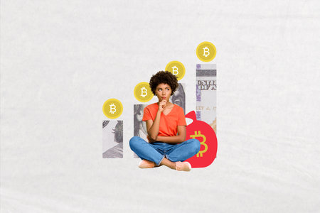 Template sketch trend artwork collage of young lady sit minded bitcoin trade analyzing goal business graphics currency investment earningsの写真素材