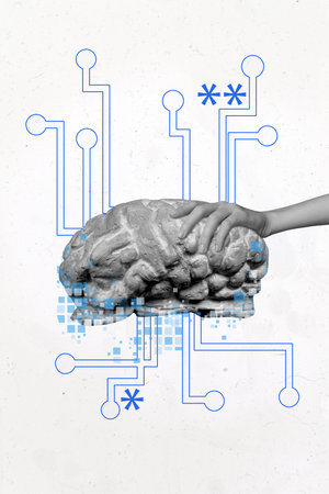 Vertical photo collage of hand touch brain organ thought contemplation concept matrix storage data memory isolated on painted backgroundの写真素材