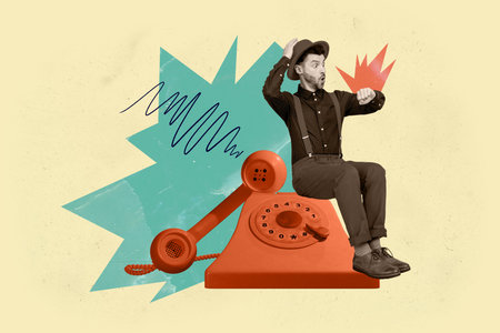 Composite trend artwork 3D sketch image photo collage of young man retro style suit hat watch deadline sit landline phone call talk newsの写真素材