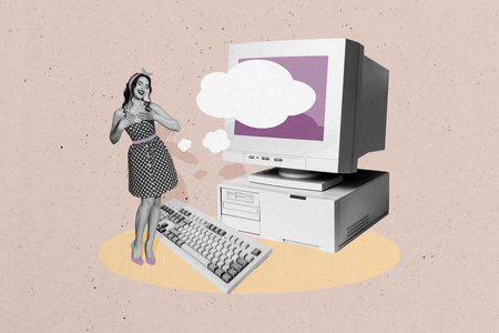 3D photo collage template trend artwork composite of young lady retro style obsolete computer...