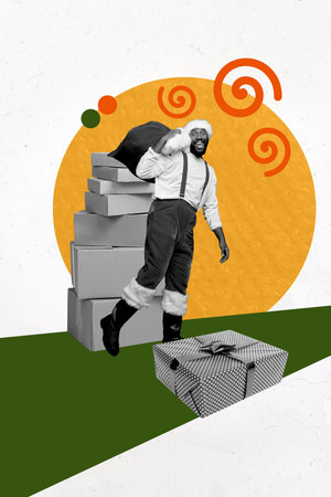 Vertical photo collage of happy american man santa claus carry present bag box shipment delivery new year isolated on painted backgroundの写真素材