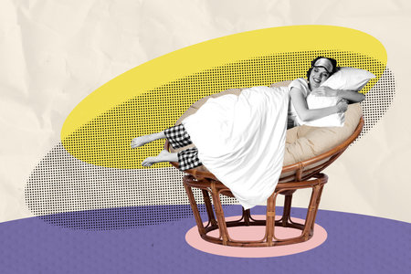 Artwork sketch banner full 3d collage of happy sleepy girl lay armchair pillow cover duvet late night drowse relax awakeningの写真素材