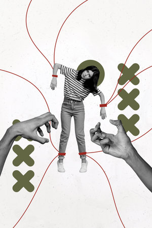 Vertical photo collage of sad girl hang wear handcuffs obey manipulation control hands isolated on painted backgroundの写真素材