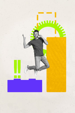 Art image vertical photo collage of happy businesswoman businessman stand chart development...