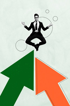 Vertical sketch 3d collage poster of happy businesswoman businessman stand arrow development...