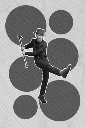 Photo collage artwork minimal picture of happy smiling pin up guy dancing having fun isolated drawing backgroundの写真素材