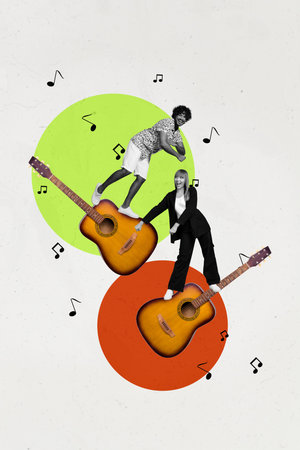 Vertical photo collage of happy girl guy dance acoustic guitar performance entertainment occasion relax isolated on painted backgroundの写真素材