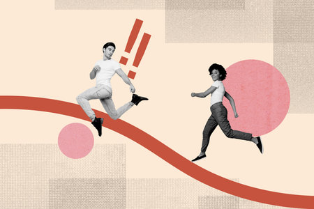 Creative photo collage young woman man colleagues coworkers go step walk ambition inspiration motivation competition exclamation markの写真素材