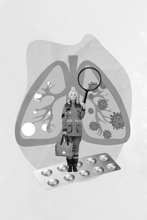 Vertical composite collage image picture of mini medical worker magnifier glass lungs pills isolated on creative backgroundの写真素材