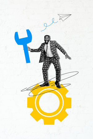 Vertical photo collage of happy american man stand gearwheel hold wrench tool icon it master six paper plane isolated on painted backgroundの写真素材