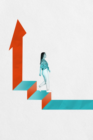Sketch template design collage of young woman walk career promotion arrow up growth target success goal business charts way directionの写真素材